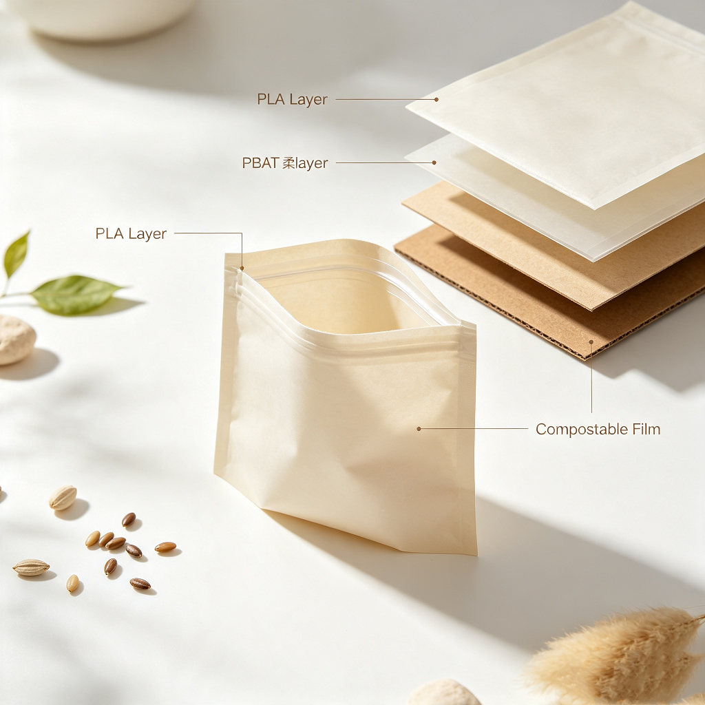 Biodegradable compostable bag multi-layer eco material structure, PLA PBAT laminated film for food grade flexible packaging pouches