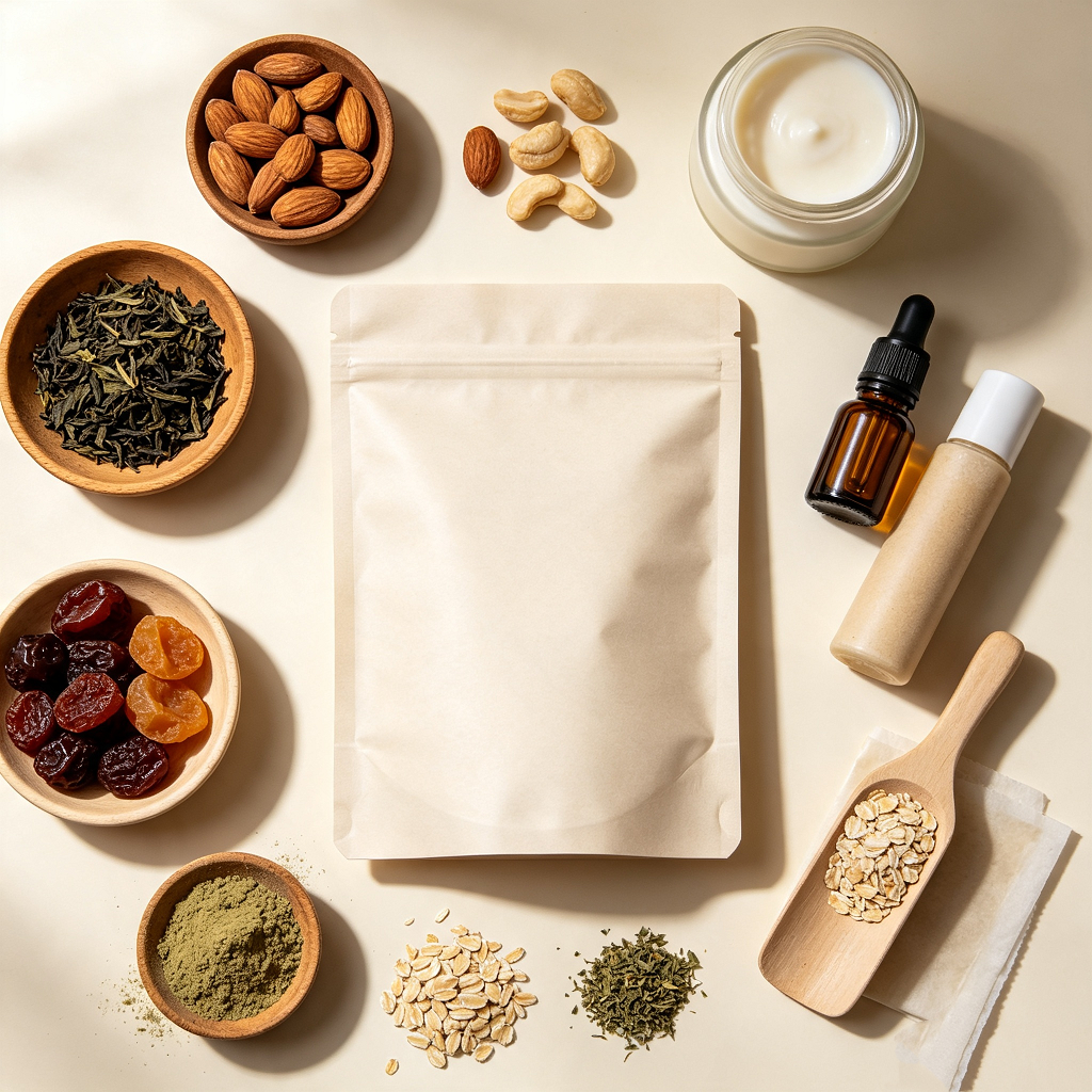 Fully biodegradable compostable stand up pouches, eco friendly food grade packaging for organic nuts, tea, dried fruit and natural cosmetic raw materials