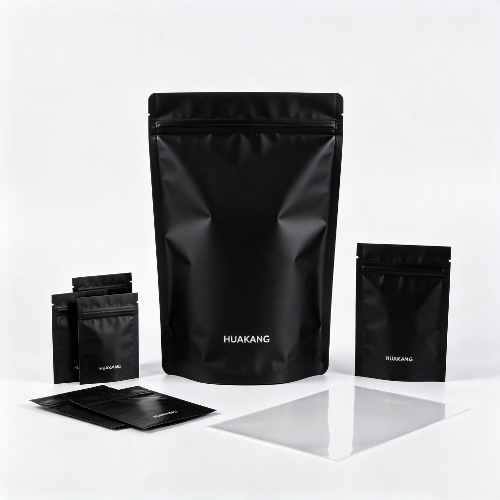 Black matte aluminum foil 3 side seal bags, flat three-side sealed barrier pouches for powder, snack and cosmetic sample packaging