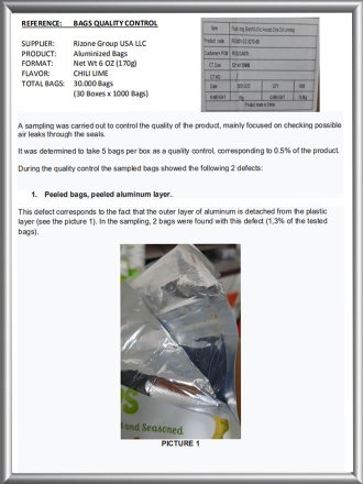 Overseas customer quality control inspection report of laminated flexible pouches, aluminum layer peeling defect test record