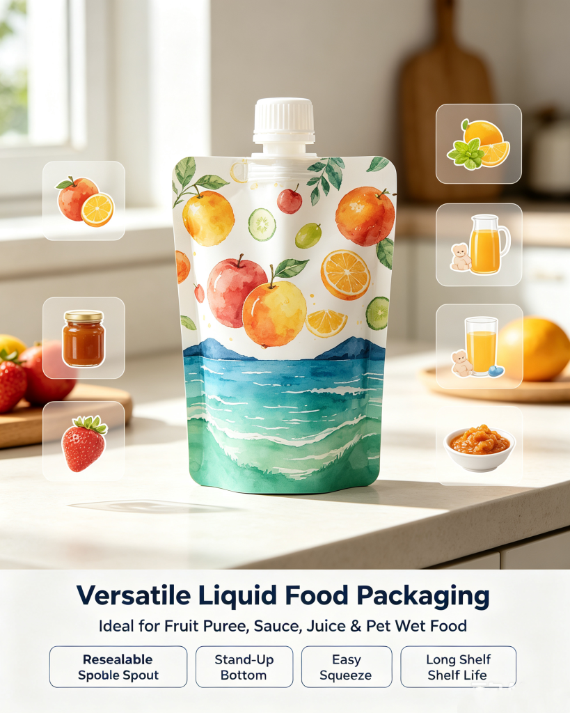 Colorful custom printed retort spout stand up pouch for fruit puree juice baby food, kitchen scene display of high temperature liquid flexible packaging bag with plastic screw spout cap