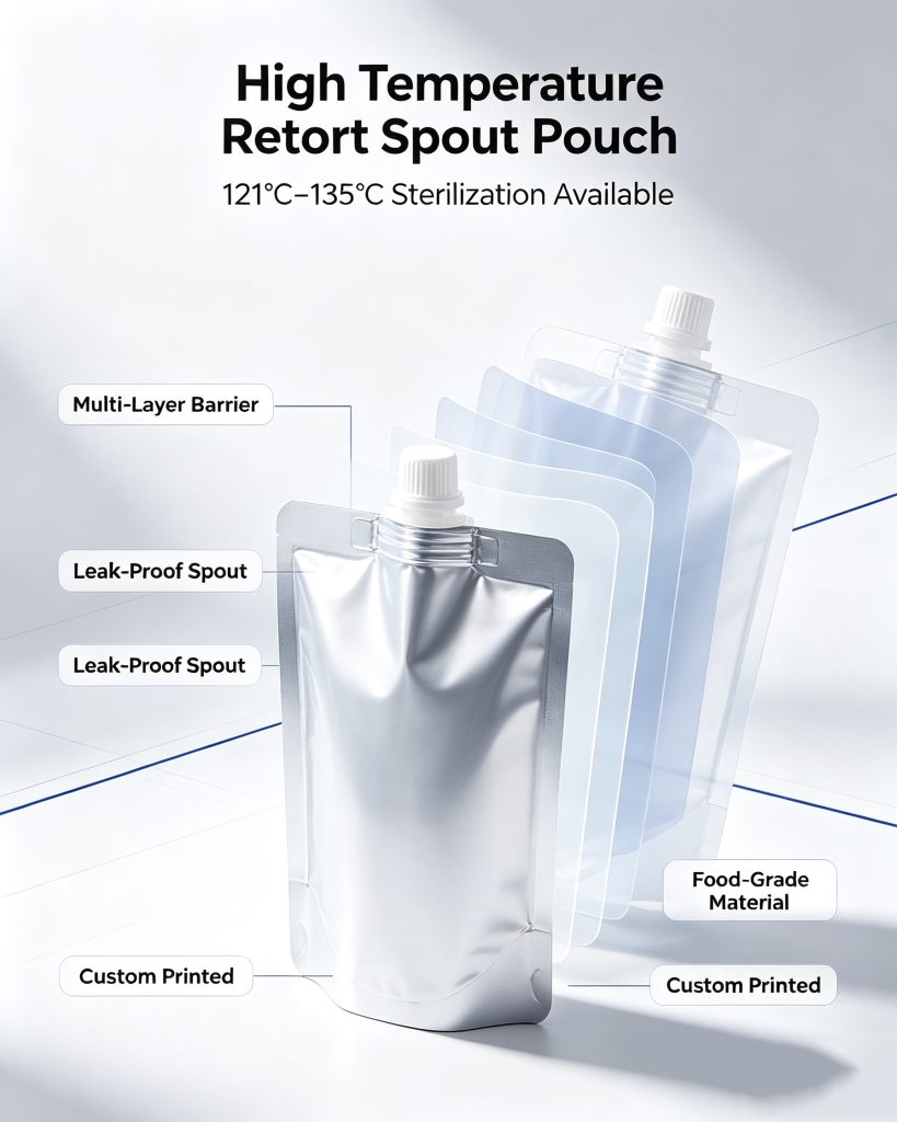 Retort spout stand up pouch diagram, multi-layer aluminum foil high temperature sterilization liquid packaging bag with leak-proof screw spout, food grade custom printed flexible pouch for fruit puree sauce baby food