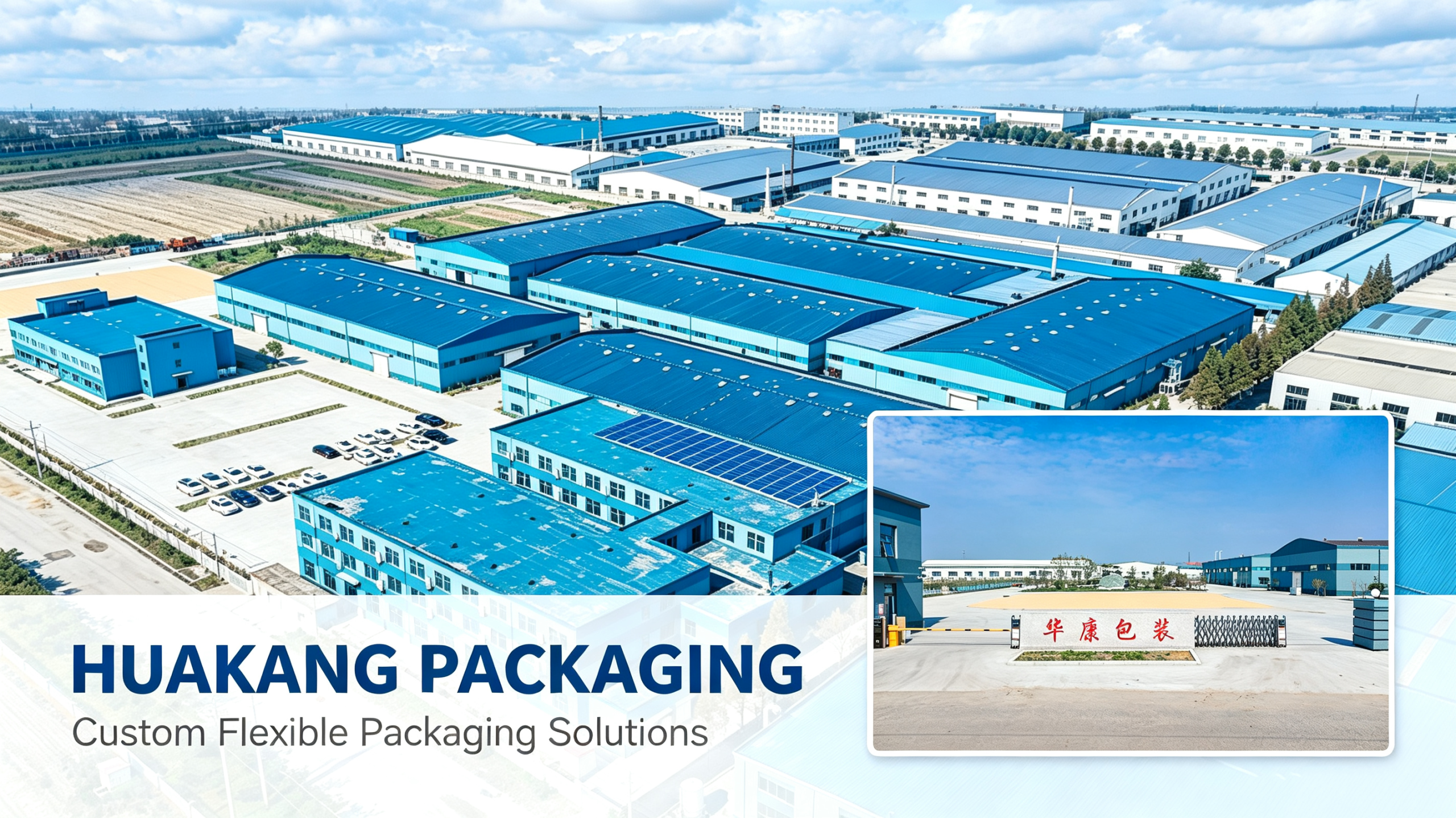 Huakang Packaging large flexible pouch manufacturing factory aerial view, modern workshop in Qingdao