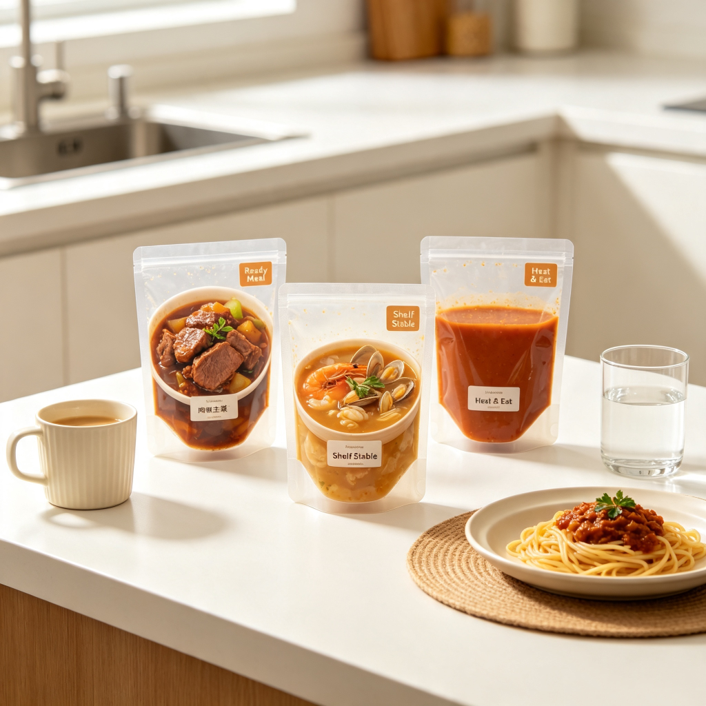 High temperature retort pouches application scene, packaging for ready-to-eat meals, meat and sauce prepared food