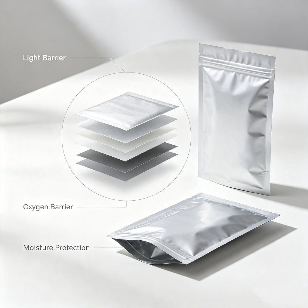 Aluminum foil barrier bag multi-layer composite structure, laminated film for light oxygen moisture protection flexible packaging pouches
