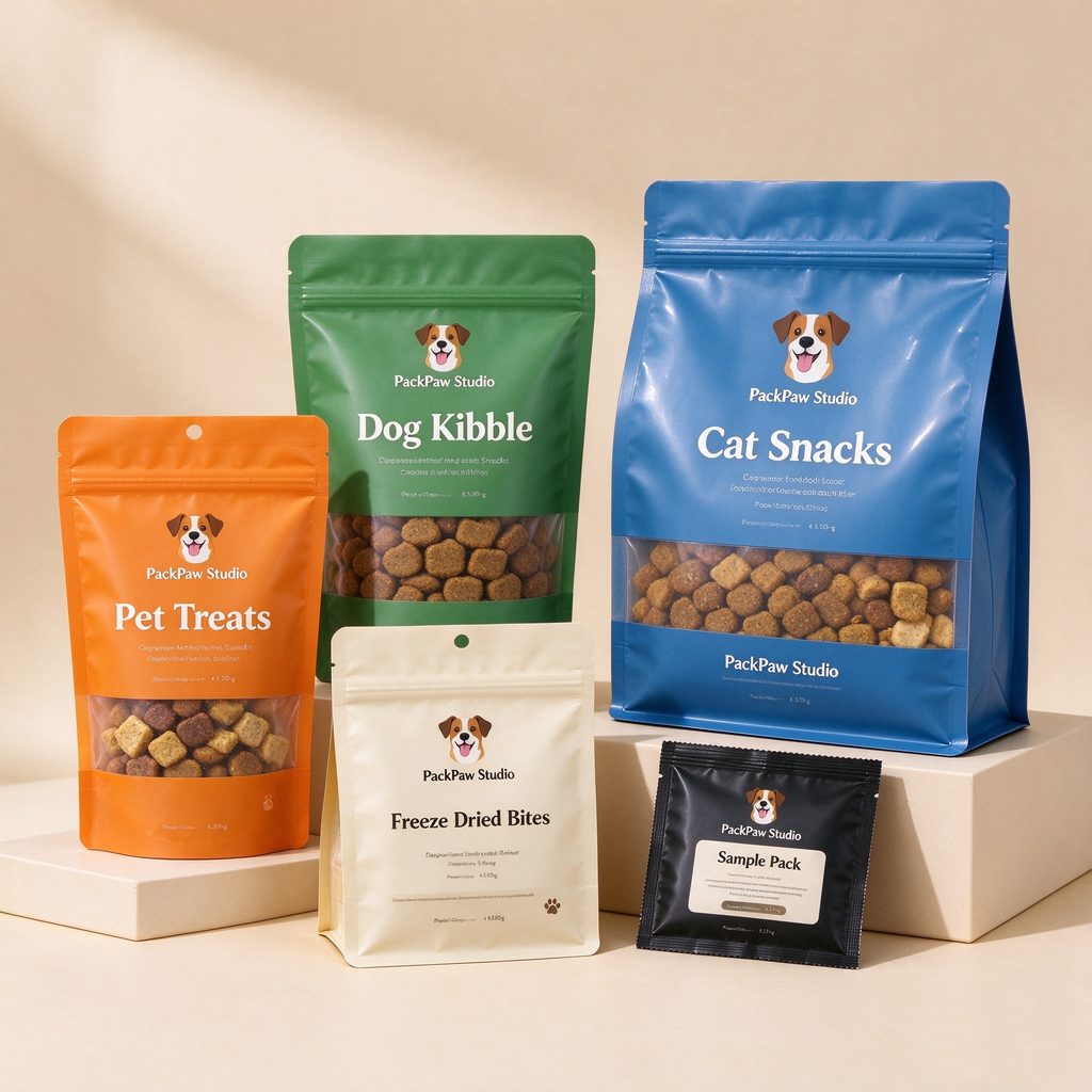 Assorted custom pet treat packaging pouches